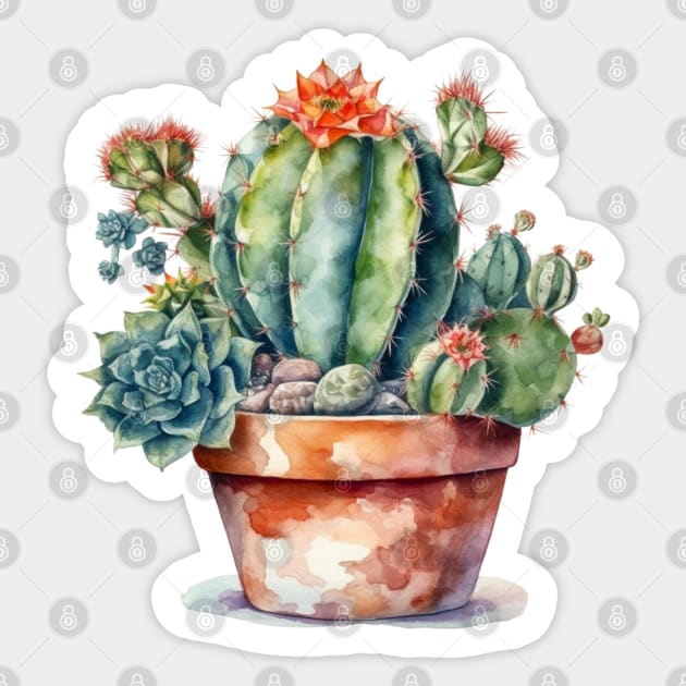 Watercolor Flowering Cactus Succulent Garden Sticker by AI Art Originals